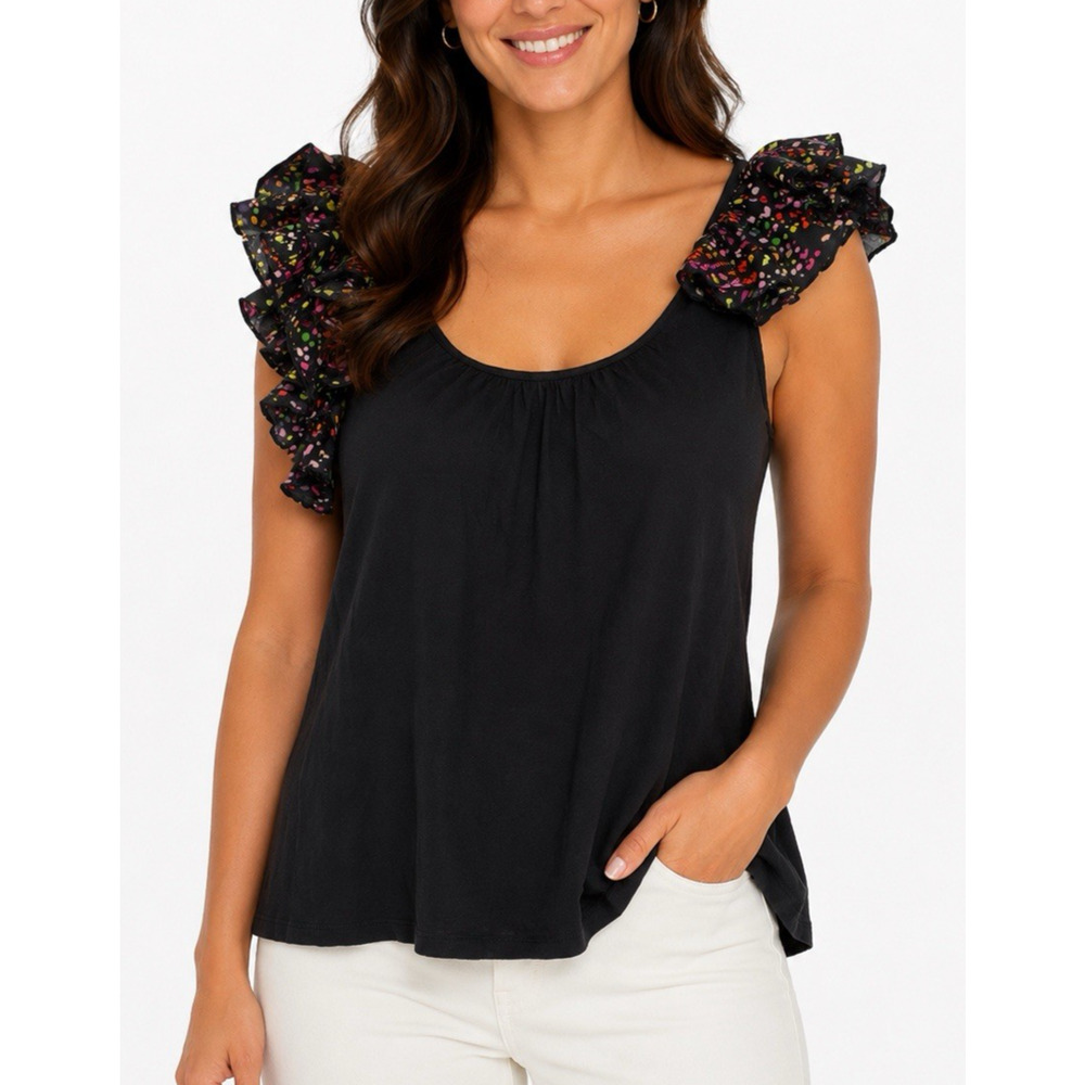 Ted Baker Coppel Multicolor Top Blouse Ruffle Sleeve Black Heart Scoop 3 8 10